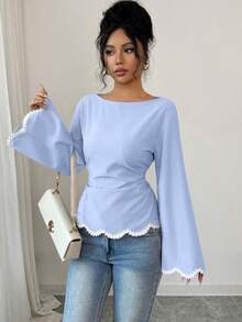 Elenzga 1pc Women's Spring/Summer Wavy Heart Woven Trim Ruched Waist Blouse - Baby Blue - View 6
