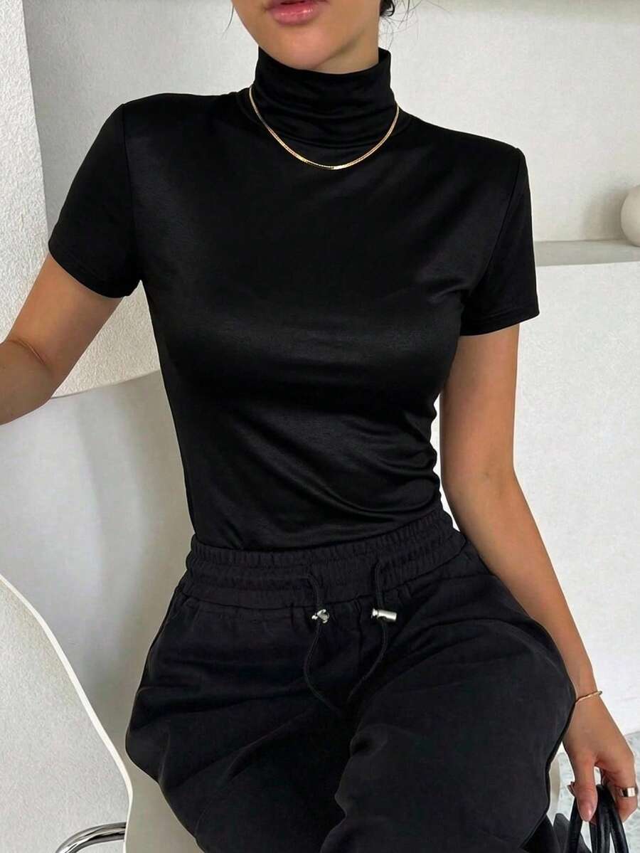 DAZY High Neck Solid Tee Summer,Business Casual Women Preppy Tops - Black - View 1