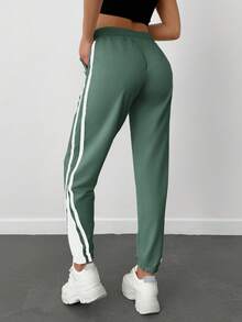EURMUSE 95% Cotton Contrast Side Seam Drawstring Waist Sweatpants - Green - View 2