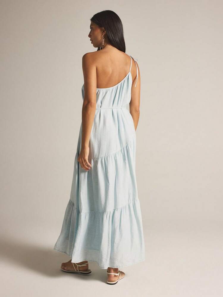 KSTM One Shoulder Light Blue Striped Maxi Dress With Tie Detail Summer Casual Beach Vacation Flowy A-Line Sleeveless Dress