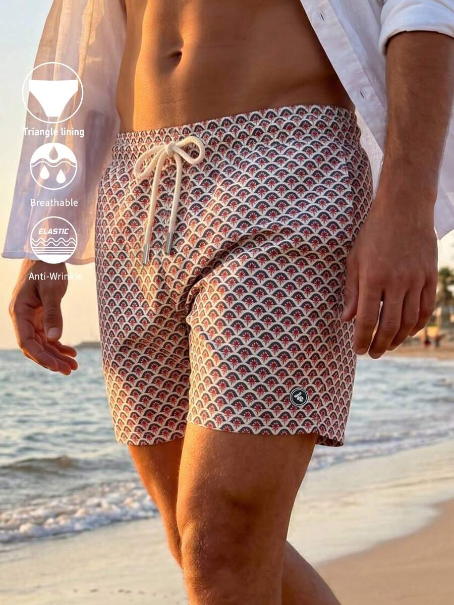 Manfinity Swimmode 男士夏季沙滩度假印花抽绳腰斜插口袋沙滩短裤 - 棕色 - 查看 1