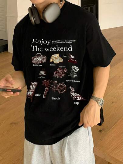 DAZY Schwarzes T-Shirt mit Buchstaben-Muster, Rundhalsausschnitt, Casual, Kurzarm, Sommer für Herren