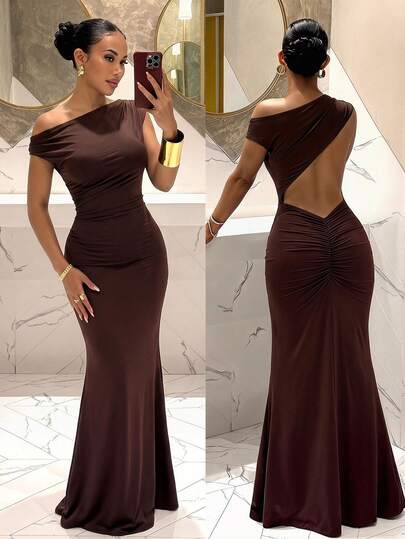 Slaydiva Shades Of Brown,Autumn,Seductive,Party Night Elegant Sexy Sleeveless Asymmetric Neck Backless Bodycon Maxi Dress For Summer Valentine's Day