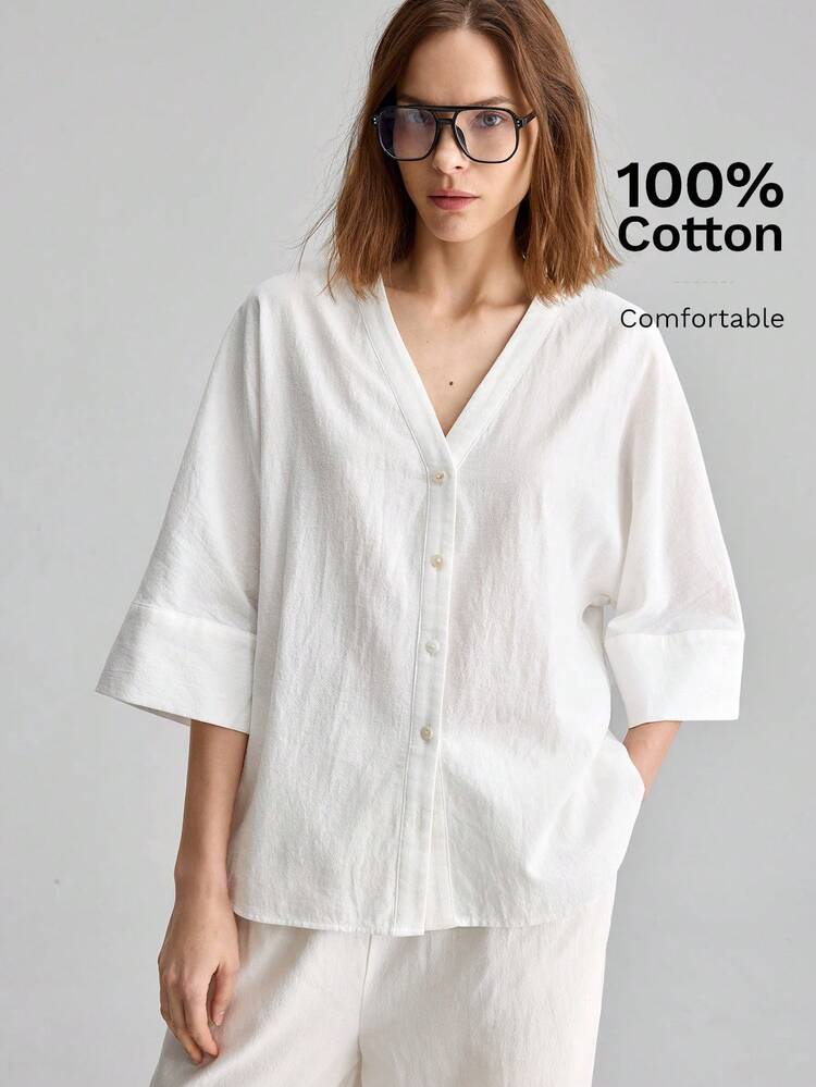 2026SS New Women's Casual V-Neck Bell Sleeve Loose Blouse, White Color Top, Versatile For Daily Wear And Commuting, Unisex Fashion Design, Minimalist Elegant Urban Chic Half-Placket Design, Independent Day, Old Money