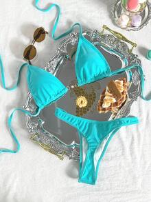 Swim Vcay 女士性感露背系带开衩比基尼套装，简约纯色沙滩度假风 - 藍色 - 查看 4