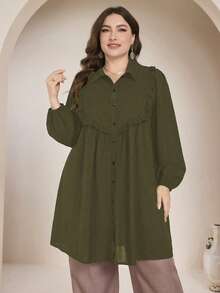 Graceveil Casual Solid Color Long Sleeve Loose Regular Fit Shirt, Plus Size, Spring/Autumn Fall - Army Green - View 1