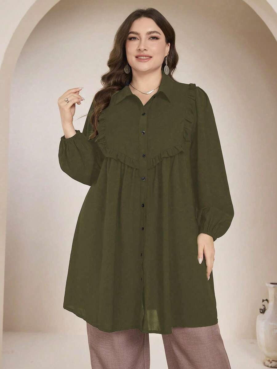 Graceveil Casual Solid Color Long Sleeve Loose Regular Fit Shirt, Plus Size, Spring/Autumn Fall - Army Green - View 1
