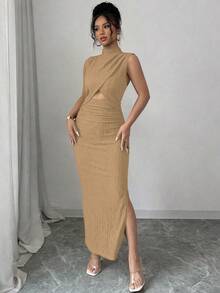 Rafferiza Đầm đen không tay, cổ đứng, khoét eo, chất liệu vải dệt họa tiết dành cho nữ - Màu nâu  Mocha - Xem 6