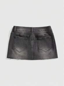 ROMWE J-Fashion 女士复古朋克摇滚音乐节豹纹拼接牛仔迷你裙，超低腰 - 黑色 - 查看 2