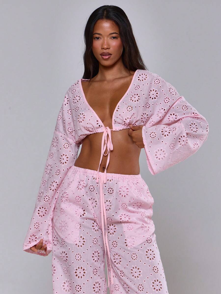 MUSERA 深V领刺绣长款宽袖系带露脐上衣罩衫,适合游泳、海滩度假、节日、休闲、优雅、性感,适合外出、托斯卡纳阳光派对、情人节、春夏等场合。 - 粉色 - 查看 1