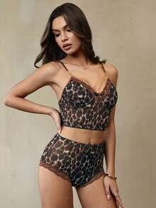 HautHeat 3pcs Women's Sleepwear Set: Leopard Print Camisole With Chain Decor, Shorts, And Long Sleeve Robe - Multicolor - View 3