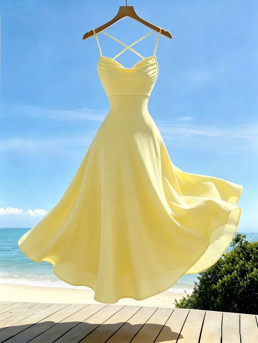 SHEIN PariChic Đầm đen nhỏ thanh lịch, tối giản, gợi cảm, đa năng, phù hợp cho công sở, tiệc tùng, đi làm, ngày Valentine, hẹn hò, đi biển, mặc hàng ngày. Đầm không tay ôm sát, xòe nhẹ dành cho nữ. - Màu vàng ngỗng - Xem 1