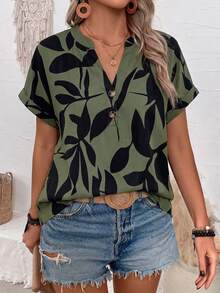 Casual Basic V-Neck T-Shirt With Rivet Button Cuff Design, Brown Base With Leaf Print Gym Summer - Multicolor - View 5
