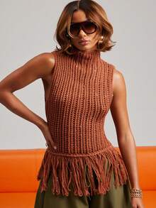 NYA SZN Stricktop mit Pailletten, Stehkragen, Fransen, ärmellos, Lagenlook, einzigartig, Brunch, lässig, Alltag, Ausgehen, Party, besondere Anlässe, Reisen, Urlaub, Büro, Western, Country, Date-Night, elegant, luxuriös, Business lässig, Event, Alltag, Hochzeit, Büro, Gyaru, Street Style, Frühling/Sommer, Statement, einzigartige Brautparty-Outfits für Damen - Braun - Übersicht 4