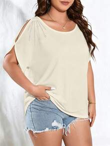 SHEIN Clasi Plus Size Women Solid Color Knitted Round Neck With Ripped Shoulder Rhinestone Design Casual Summer T-Shirt Graphic Tees Women Tops - Apricot - View 6