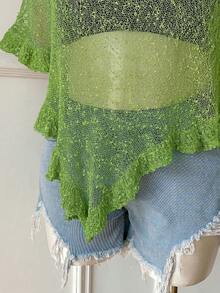 SHEIN EZwear 大码女式橄榄绿钩针编织披肩，荷叶边下摆，休闲半透明，适合外出和约会 - 軍綠色 - 查看 6