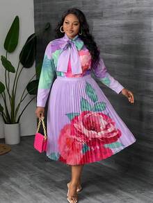 Slaydiva Elegant High-End Plus Size Women's Printed Blouse And Pleated Midi Skirt 2-Piece Set Fall - Mauve Purple - View 3