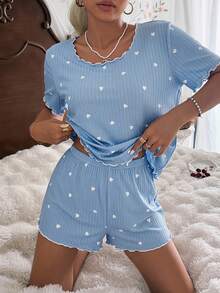 CottageSlumber Blue Heart Pattern Ribbed Knit Loose Fit Short Sleeve & Shorts Pajama Set For Women - Blue - View 4