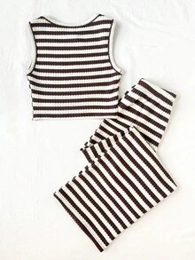 SHEIN Bộ 2 món cho bé gái tuổi teen: áo tank top kẻ sọc nâu trắng rộng rãi + quần ống rộng, trang phục thời trang đa năng cho mặc thường ngày, mùa xuân/hè. - màu nâu - Xem 3