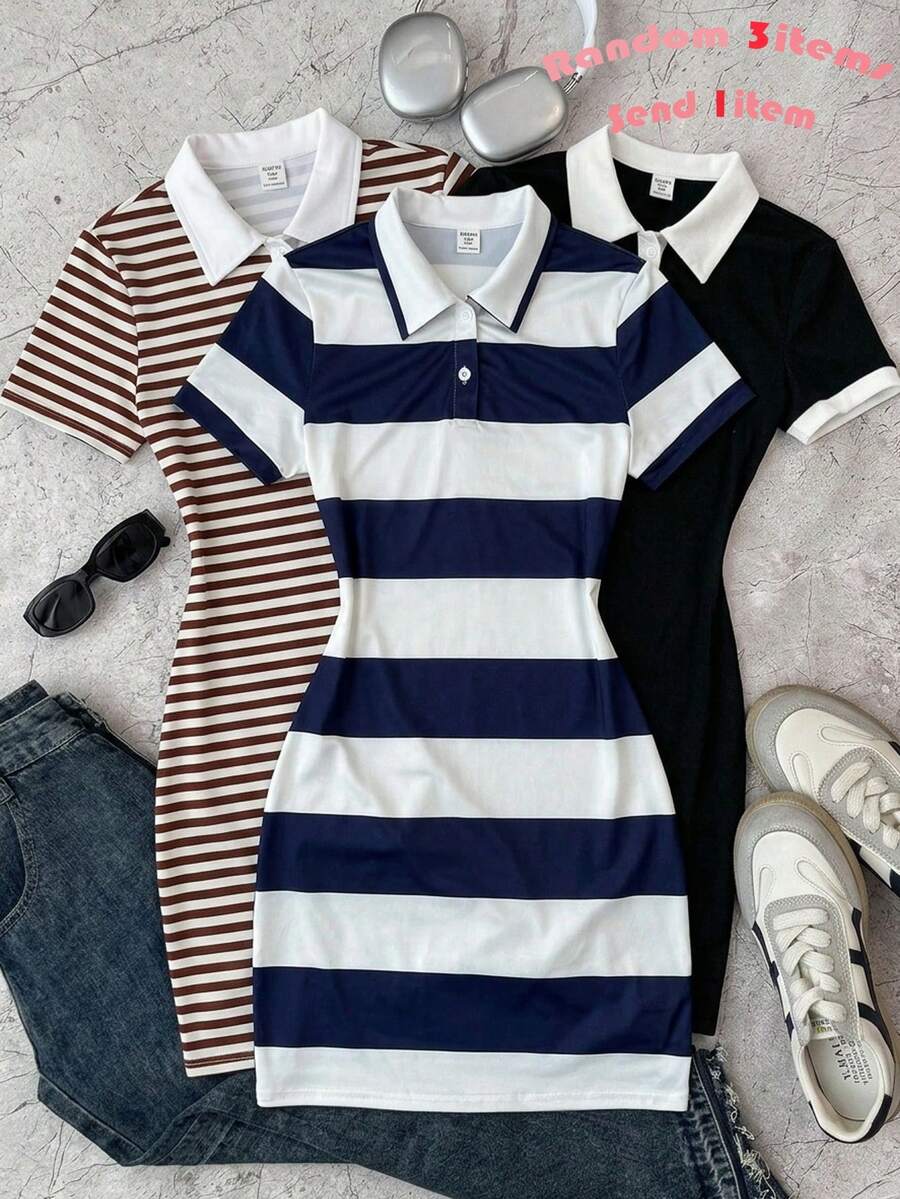 Đầm ôm dáng cổ polo kẻ sọc xanh trắng kiểu dáng thường ngày dành cho nữ sinh tuổi teen - Nhiều màu - Xem 1