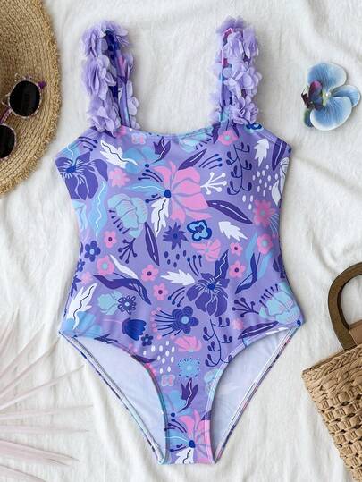 Tween Girls One-Piece Summer Swimsuit, Knit Floral Print Romper, Suitable For Vacation, Beach, Hawaii