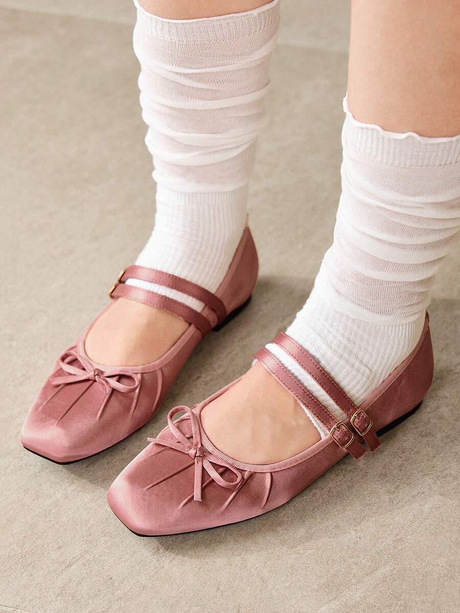 MOTF WOMEN'S ELEGANT MINIMALIST COMMUTING SOLID COLOR BOW DECOR DOUBLE BUCKLE STRAPS BALLET FLATS SHOES FOR CHRISTMAS VALENTINE'S DAY SPRING SHOES - Light powder - View 2