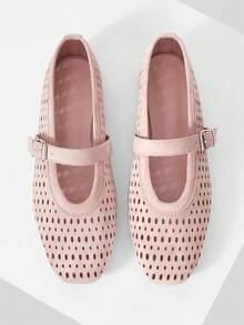 MOTF PREMIUM WOMEN'S NEW FRENCH SUEDE HOLLOW BUCKLE WITH ROUND TOE FLATS, PINK VERSATILE GENTLE ELEGANCE LIGHTWEIGHT COMFORT FAIRY STYLE VACATION MARY JANE SHOES - Dusty Pink - View 10