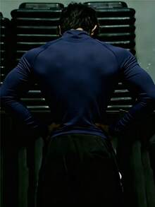 GymBeat Kaos Olahraga Pria Lengan Panjang dengan Motif Cetak dan Resleting Setengah Plaket, untuk Gym - Navy Blue - View 2