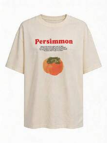 Livesso Blusa holgada y casual de estilo callejero en beige, con cuello redondo y estampado de frutas y letras, camiseta de manga corta básica con vibra de festival de música y vacaciones para mujer, primavera y verano - Beis - Ver 6
