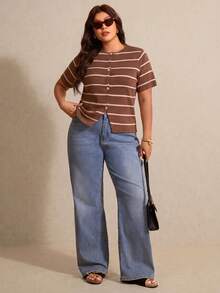 Elaquor Plus Size Colorblock Striped Short Sleeve Knit Top - Brown - View 3