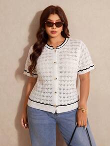 Elaquor Plus Size Contrast Color Trim Short Sleeve Knit Top Fall/Winter - Beige - View 6