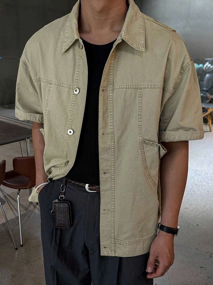 Washed Distressed Khaki Short Sleeve Denim Shirt For Men Summer