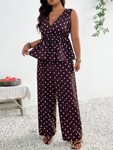SHEIN Frenchy 大码休闲度假条纹无袖A字连衣裙衬衫和直筒休闲裤两件套 - 黑與白 - 查看 6