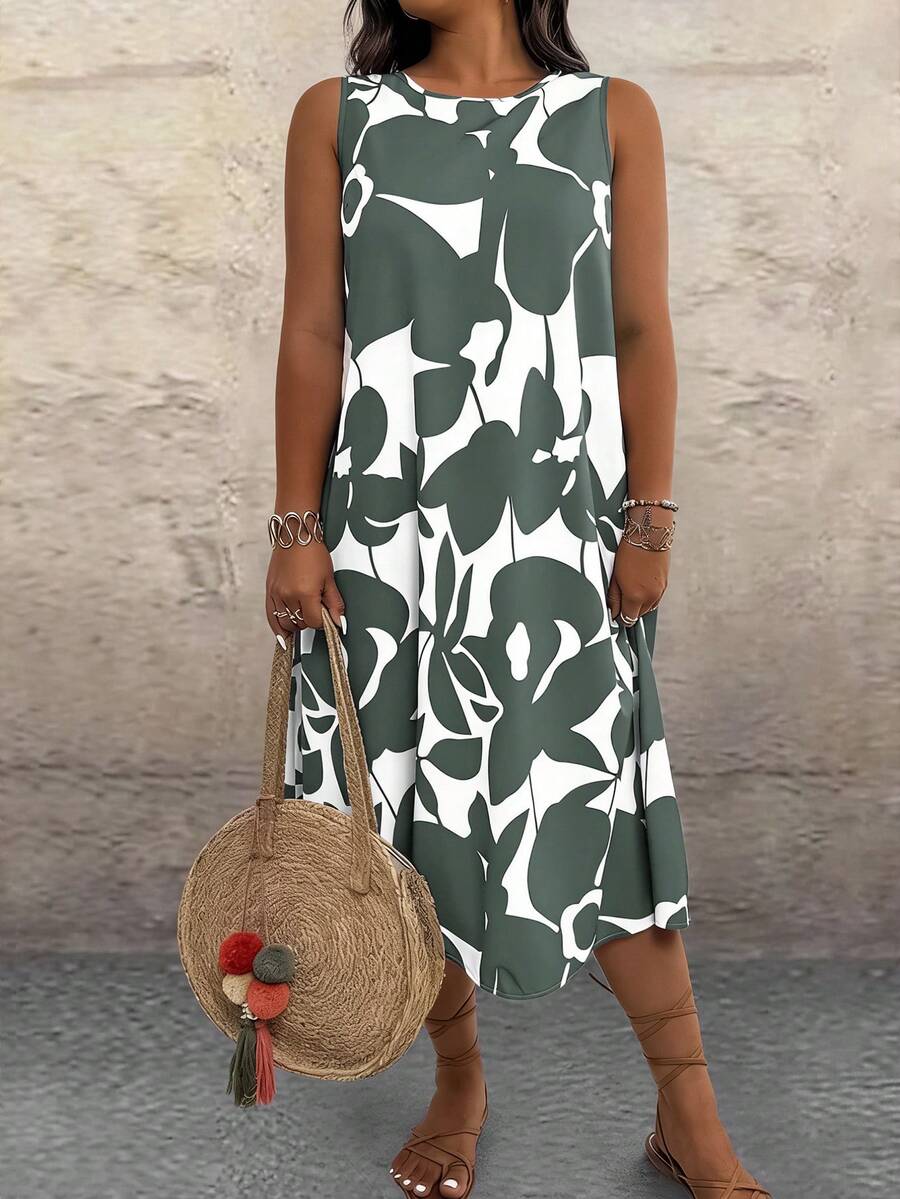 EMERY ROSE Plus Size Women Vacation Floral Print Contrast Color Sleeveless Dress, Beach - Green - View 1
