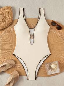 Bonvoyette Swim Swim Lushoire 紋理橘色一件式泳衣，配貝殼裝飾與對比飾邊，適合夏季海灘 - 米色 - 查看 6