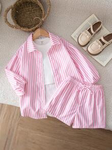 SHEIN 3件套女童梭织条纹泡泡袖宽松休闲衬衫+纯色针织背心+梭织条纹短裤套装 - 彩色 - 查看 8