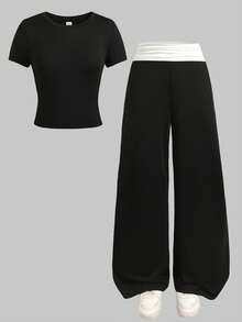 SHEIN Bộ đồ thể thao thường ngày dành cho nữ tuổi teen, áo thun cổ tròn tay ngắn và quần ống rộng phối màu tương phản, đen trắng. - màu đen - Xem 3