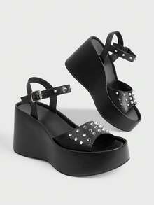 Sugerpunk Giày nữ Women Shose, dép xăng đan đế xuồng thời trang nữ, kiểu dáng punk mùa xuân hè, có khóa cài giữa, thiết kế đinh tán trang trí, hở mũi, dễ dàng mang đi hộp đêm hoặc đi làm. - màu đen - Xem 3