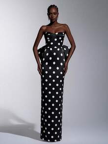 Elitara Elegant Luxurious Polka Dot Digital Print Satin Handmade Big Bow Decor Strapless Straight Dress, Reference For Women's Formal Evening Gown - Black and White - View 4