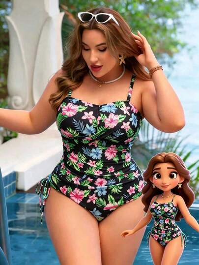 Swim Lushoire Bộ đồ bơi tankini 2 mảnh dành cho nữ cỡ lớn, in họa tiết hoa và cây nhiệt đới, buộc dây phía trước, xếp ly, thích hợp cho kỳ nghỉ hè ở bãi biển.