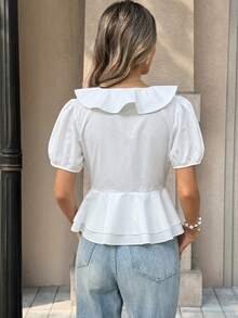 Pariaura Women's Fashion Ruffle Collar Petal Sleeve Button-Up Shirt - White - View 2