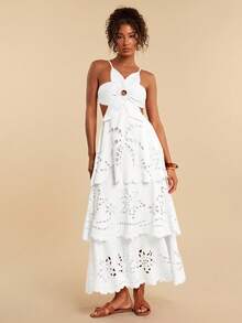 Travachic Solid Color Woven Multi-Layer Ruffle Hem Spaghetti Strap Backless Dress For Women, Spring/Summer Beach White Sexy - White - View 6