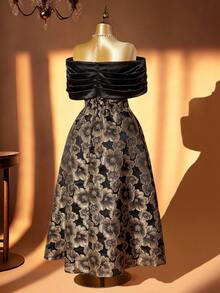 Rometta Đầm trễ vai thắt eo thanh lịch dành cho nữ cỡ lớn, chất liệu dệt jacquard. - màu đen - Xem 2