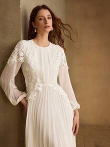 MOTF PREMIUM WOMEN'S ROMANTIC ELEGANT CONTRAST LACE PLEATED LONG DRESS, SPRING/SUMMER - Beige - View 6