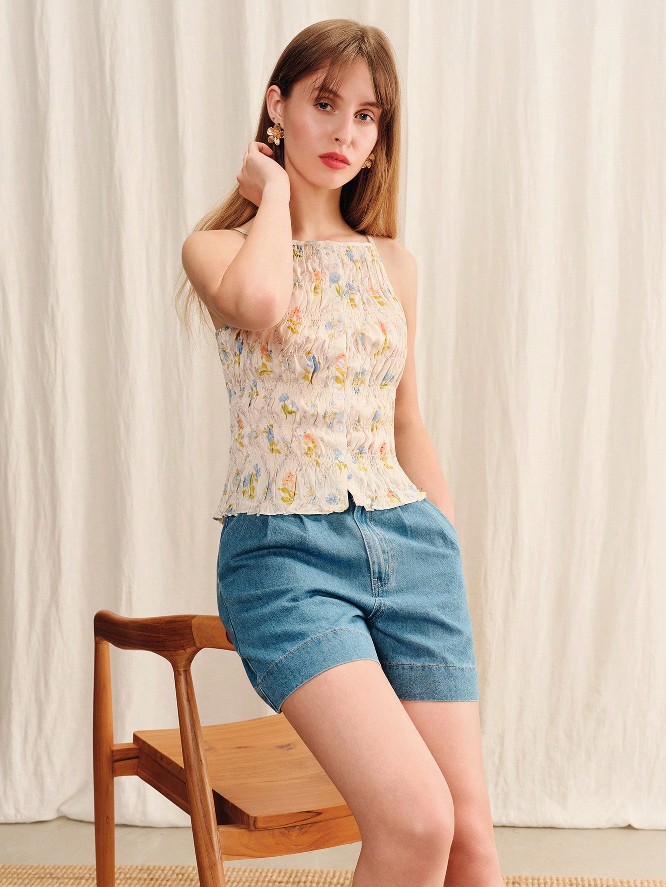 White Shirred Boatneck Cute Floral Print Top Spring Summer Casual Holiday Top Going Out Top French Style Top Cute Top