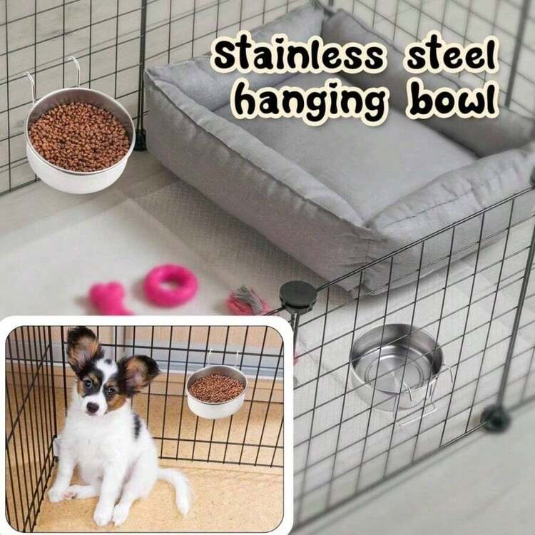 Stainless Steel Cat/Dog Feeders & Waterers, Detachable Hanging Cage Bowls For Teddy Dogs & Small Pets - silver - View 7