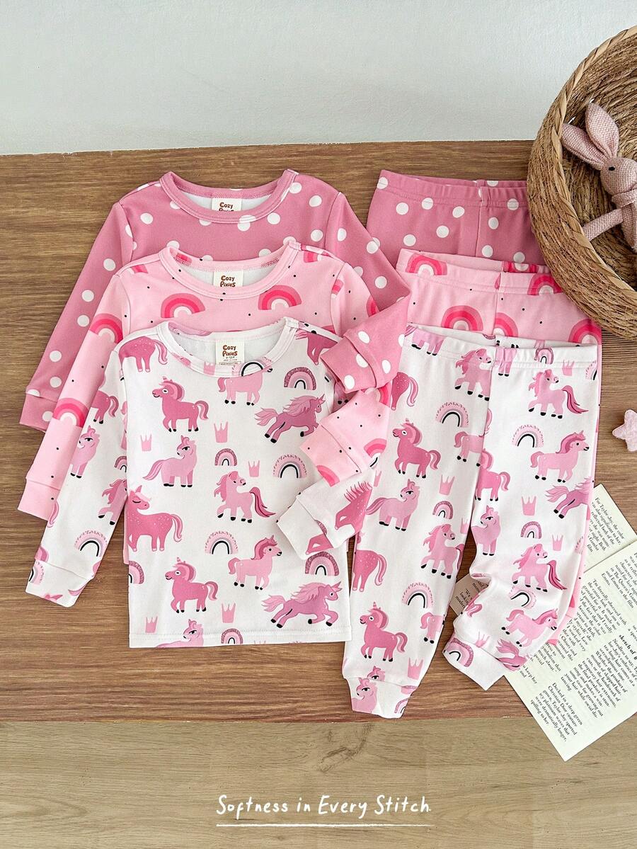 Cozy Pixies Baby Girl 6-Piece Snug Fit Pajama Set, Polka Dot Rainbow Unicorn Valentine's Day Cartoon Pattern Crew Neck Long Sleeve Top And Elastic Waist Long Pants - Multicolor - View 1