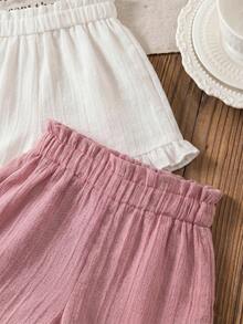 2件套女婴可爱度假休闲纯色弹力腰短裤套装 - 彩色 - 查看 7