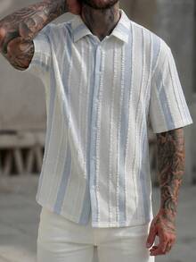 Manfinity CasualCool Men's Color Block Single-Breasted Casual Versatile Daily Wear Short Sleeve Shirt - Blue - View 3