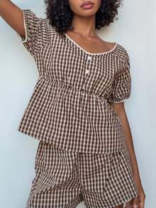Livesso Women's Vintage Plaid Puff Sleeve Top And Shorts Pajama Set, Summer - Coffee Brown - View 6